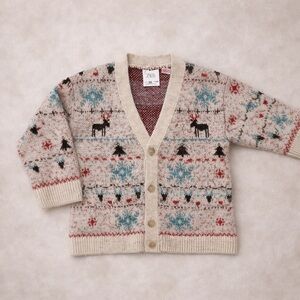 ZARA Kids Fair Isle Cardigan Sweater Reindeer Snowflake Beige Size 3–4 / 104